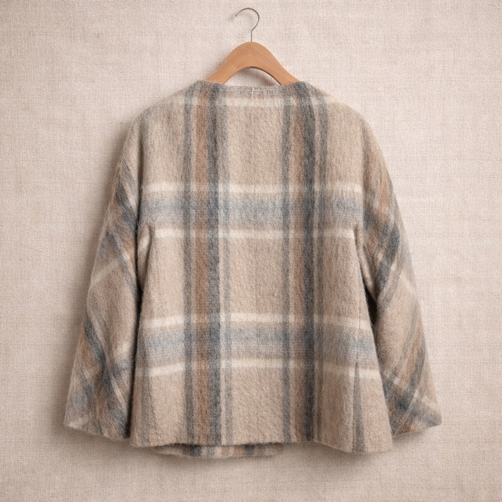 TALBOTS Plaid Wool Blend Jacket Coat Bell Sleeve Open Front Petite Topper - Picture 3 of 12